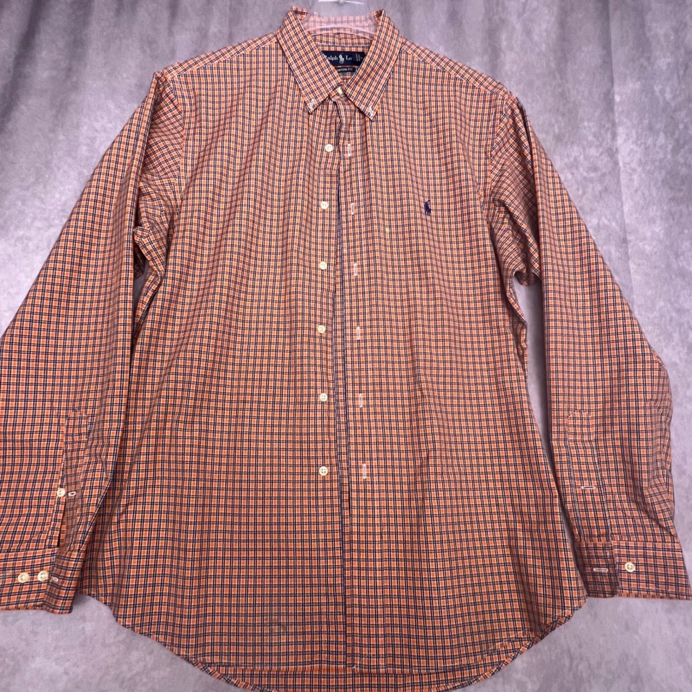 Ralph Lauren Button Down Mens 17 XL Orange Plaid Good Custom Fit Long Sleeve
